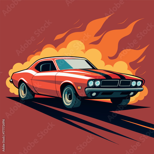 Retro muscle car racing with fiery background, bold colors and dynamic shadows, vintage illustration style.