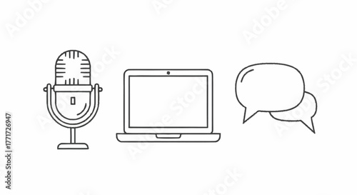 Illustration of microphone laptop and speech bubbles.