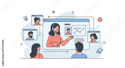 Online Presentation Illustration Showing Remote Team Collaborating and Learning Effectively Overall