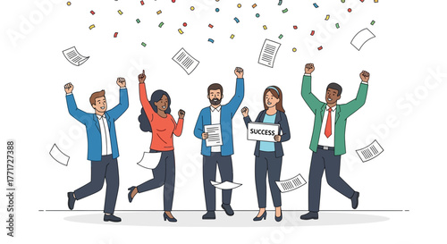 Team Celebrates Achieving Goals Filled With Joy And Scattered Documents