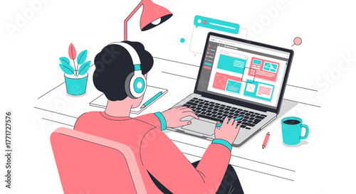 A Person Working With A Laptop, Headphones On, Designing On A Desk, Vector Illustration