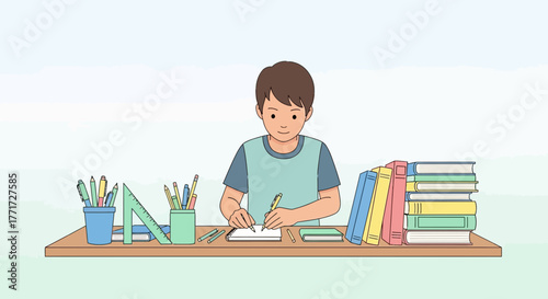 A Young Boy Concentrating on His Studies, Surrounded by Books And Stationary