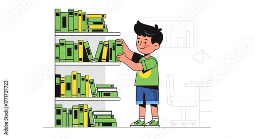 A Young Reader Selecting Books For Learning And Discovery In Home Interior