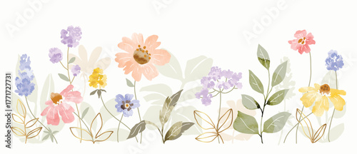 Vector spring floral border with pastel wildflowers in purple, yellow, and pink, watercolor hand drawn botanical illustration for greeting cards and invitations