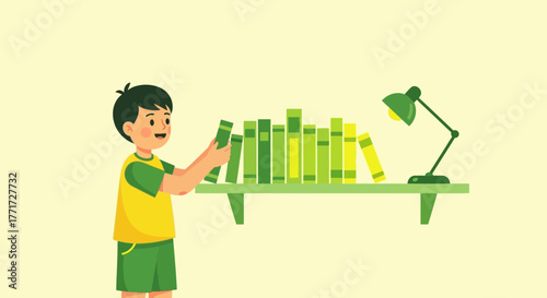 A Young Reader Selecting Books For Study In A Well-lit Room Illustrative Scene