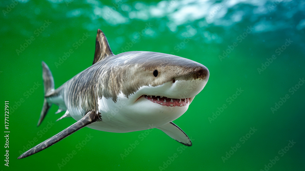 Naklejka premium Shark swims in clear waters. A large shark glides gracefully through clear, green ocean waters, showcasing its powerful features and beauty.