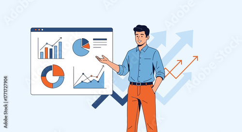 Business Analyst Presenting Financial Data Visuals and Trends with Growth Arrows