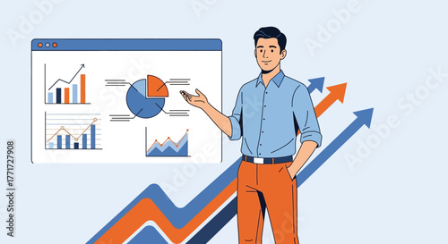Business Analyst Presenting Financial Data Visuals With Strategic Growth Arrows