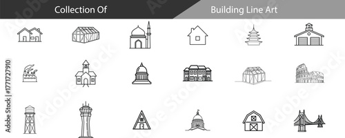 Abstract digital Building line art icons and symbols with glowing particles and geometric shapes on a white background