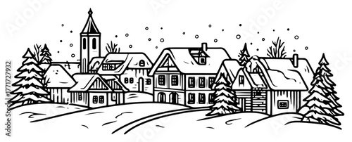 Snowy winter village landscape vector illustration – cozy cottages, church and fir trees under falling snow