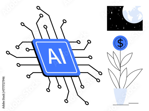 Blue AI chip with circuit lines, potted plant with dollar sign, and moonlit Earth. Ideal for AI, technology, sustainability, economic growth, innovation connectivity futuristic concepts. Simple