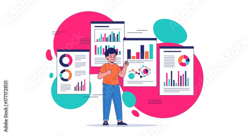 Data Analytics Illustration: A Young Professional Analyzing Charts and Diagrams Precisely
