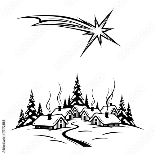 Christmas star above snowy village vector – nativity inspired winter landscape scene