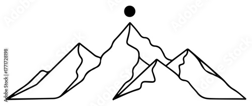 Minimal mountain range with sun vector – simple outdoor adventure line icon
