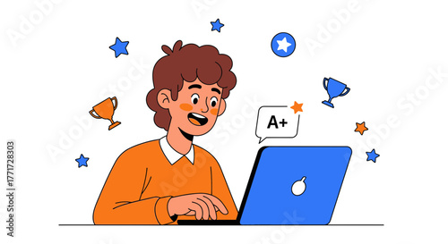 Excited Student Celebrating Good Grades on Laptop, Achievement in Education Online