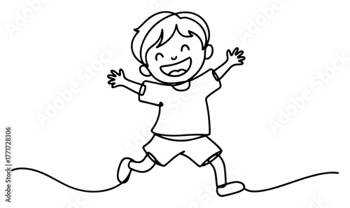 Happy running boy doodle vector – cheerful kid character line drawing