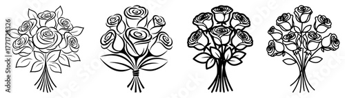 Elegant rose bouquet collection vector – romantic flower bunches outline icons