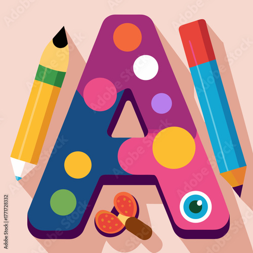 Colorful letter A design with art supplies and shapes