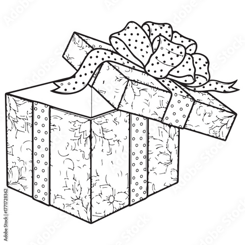 Hand-Drawn Open Gift Box with Floral Pattern and Polka Dot Bow