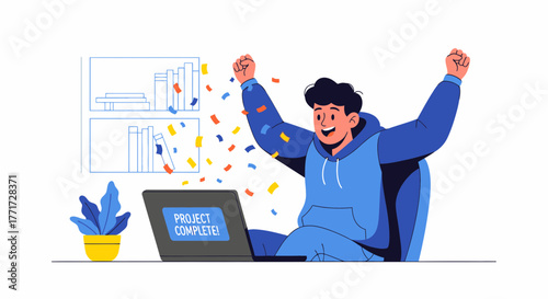 Excited Young Man Celebrating Project Completion Happily with Confetti and Triumph