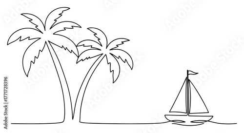 Palm trees and sailboat continuous line vector – minimalist tropical beach scene