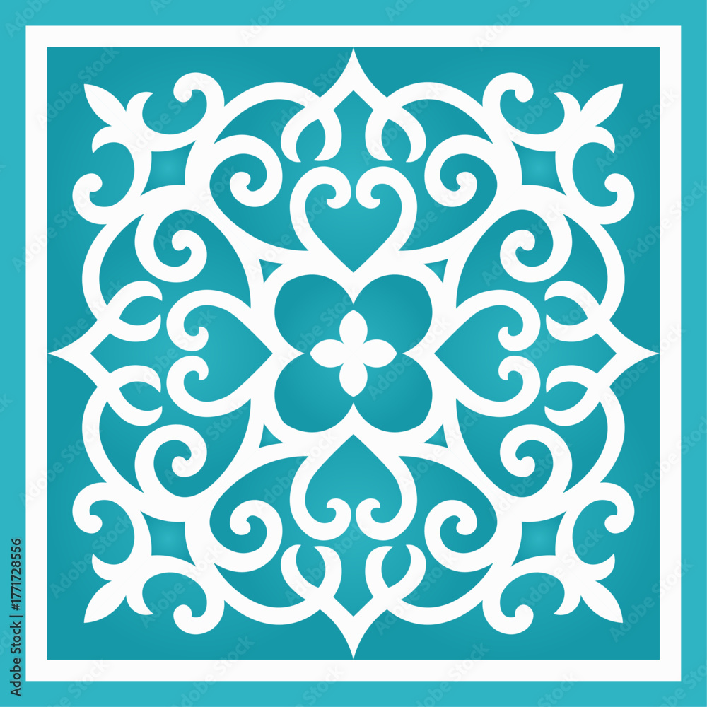 Fototapeta premium Elegant Symmetrical Floral Scrollwork Ornament on Teal, Islamic seamless pattern background, blue color motif, Islamic traditional abstract background, use to ceramic, tiles, clothes, fabric texture.