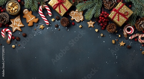 Festive Christmas Decorations with Gingerbread Cookies, Candy Canes, and Pine Cones on a Dark Background