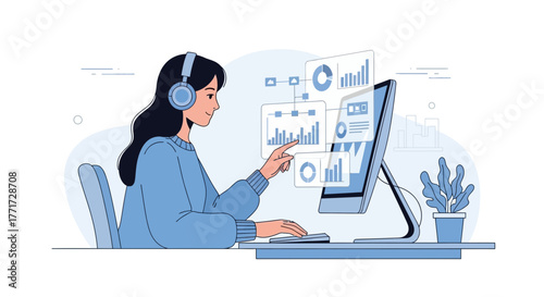 Woman Analyzing Data Visualizations Listening to Music and Using Computer for Analytics