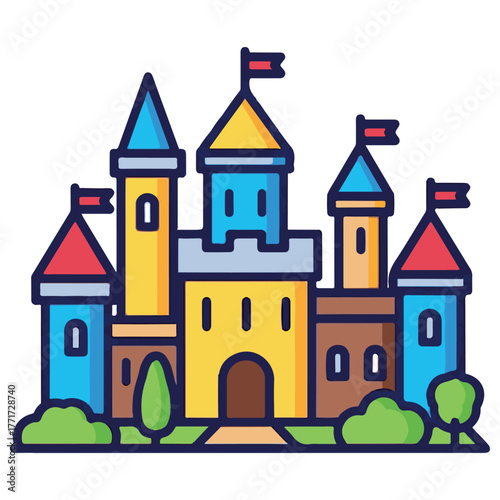 Simplified Flat Design Castle with Colorful Towers and Greenery