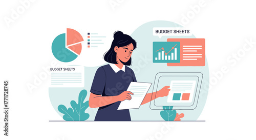 Woman Analyzing Financial Charts And Budget Sheets For Business or Personal Finance