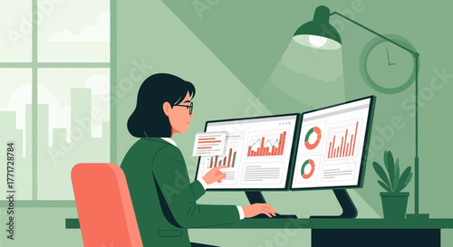 Woman Analyzing Financial Charts On Dual Computer Monitors In Modern Office