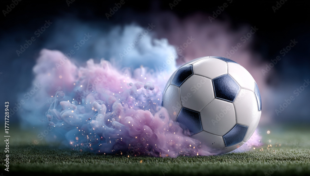 Fototapeta premium Soccer ball with colorful smoke. A soccer ball bursts through colorful smoke on a field, creating an exciting visual display during a sporting event.