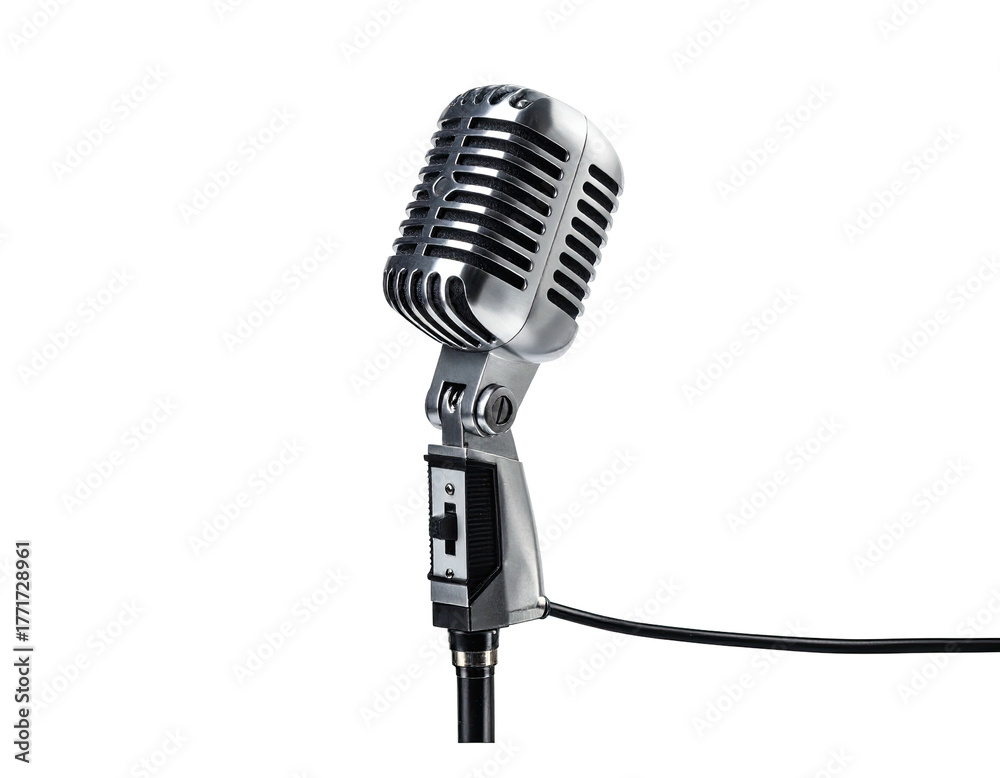 Fototapeta premium Vintage metallic microphone against a black backdrop, a classic recording device