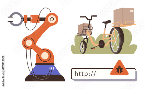 Robotic arm for industrial tasks, cargo bike for eco-friendly delivery, and a URL warning for malware risks. Ideal for automation, green transport, cybersecurity, technology, logistics, innovation