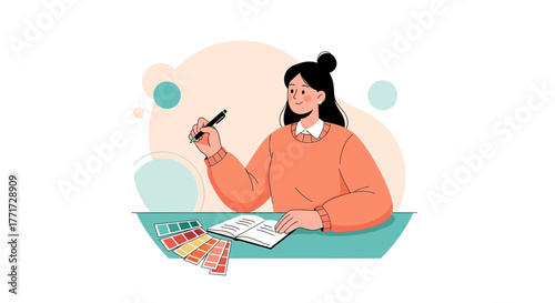 Woman Designing and Writing with Color Palette, Creative Sketching, Illustrative Art