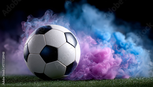 Soccer ball surrounded by colorful smoke. A classic black and white soccer ball sits on grass, enveloped by vibrant purple and blue smoke in a dark setting.