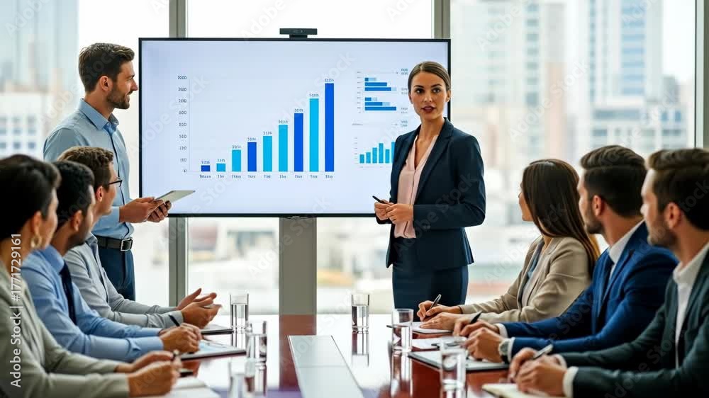 A confident businesswoman presents a growth chart to a team during a conference meeting