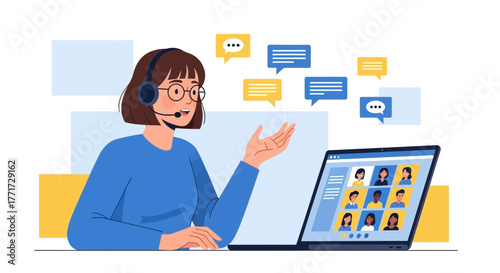 Online Meeting Facilitator Presenting to Remote Participants Using Video Call Interface
