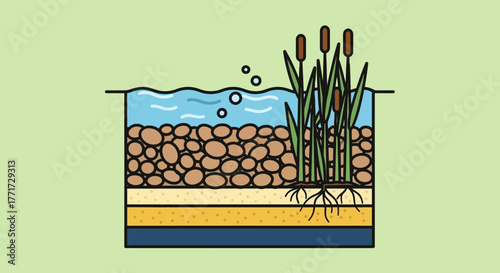 Cross-Sectional Diagram of a Natural Water Filtration System with Cattails.