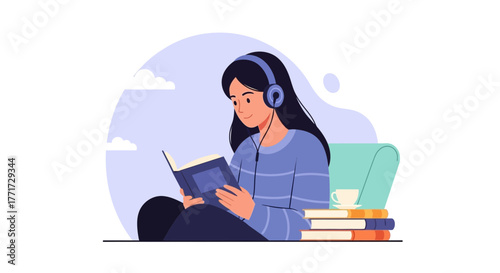 Woman Immersed In Literature With Headphones Enjoying The Serenity Of Reading Activities