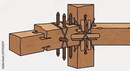 Detailed illustration of a complex traditional Japanese wood joint.
