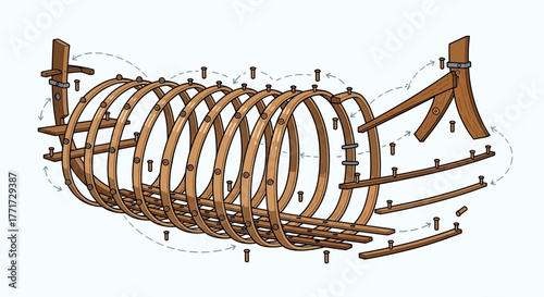 Detailed illustration of a traditional wooden boat hull under construction.