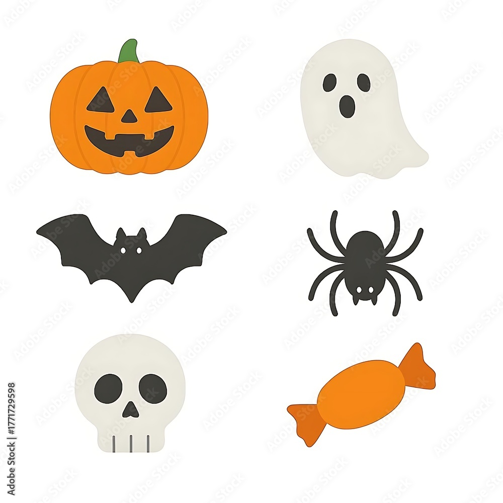Fototapeta premium Whimsical halloween icons featuring a jack o lantern bat ghost spider skull and candy