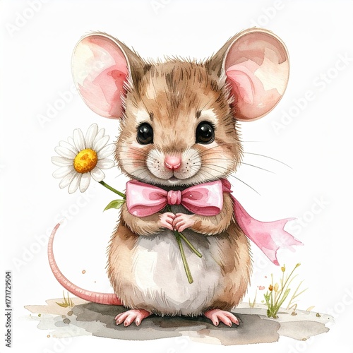 Cute mouse holding daisy flower with pink bow standing on ground expressing kindness and joy
