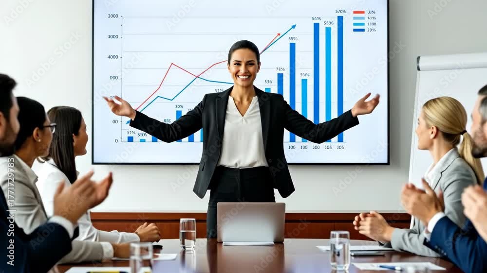 A confident businesswoman presents impressive growth statistics to an engaged audience in a modern conference room, showcasing leadership and success in the corporate environment.