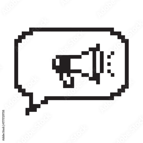 Pixel art speech bubble with megaphone icon announcing news or promotion