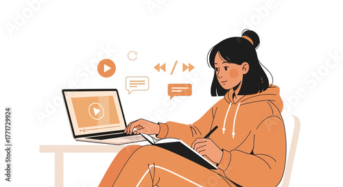 Woman Working From Home Watching Video and Taking Notes on Her Laptop