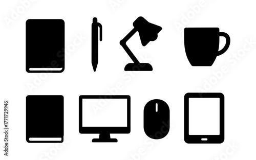 Essential office items: minimalist black silhouette icons for modern workspaces