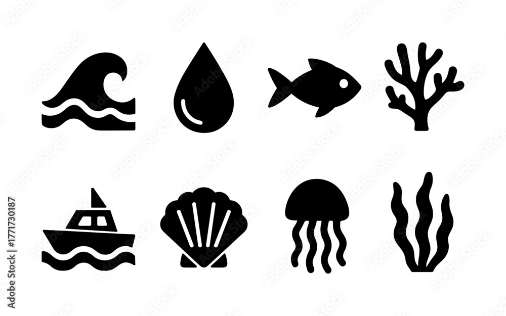 Fototapeta premium Marine silhouettes: water, fish, and nautical elements set in bold style