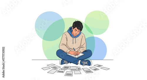 Young Adult Concentrating While Journaling Surrounded By Papers And Visual Elements